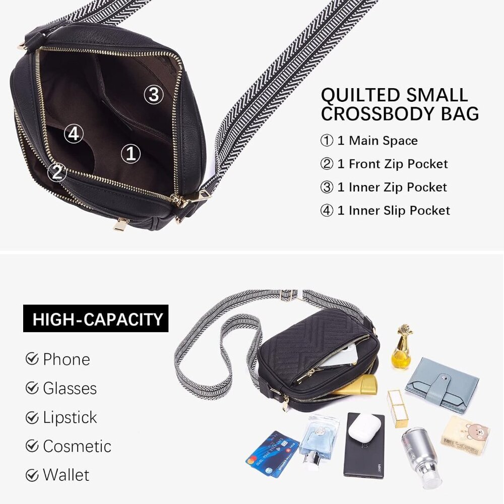 Quilted Vegan Leather Crossbody Black Bag Women Wide Strap and Shoulder Use - Picture 4 of 8